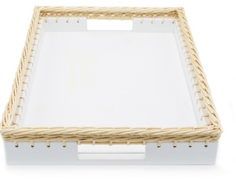 Rectangular White Nappa Leather Tray Trimmed With a Woven Wicker Wood Edge - the Silver Peacock Inc