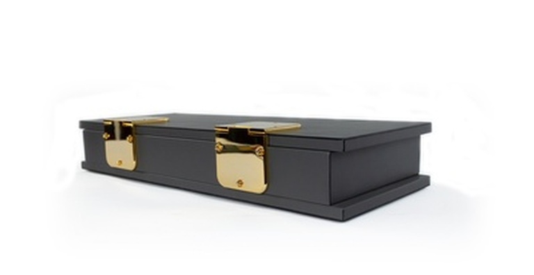 Contemporary Rectangular Dark Gray Leather Box With Two Large Brass Hinges - Waterproof Leather Accessories