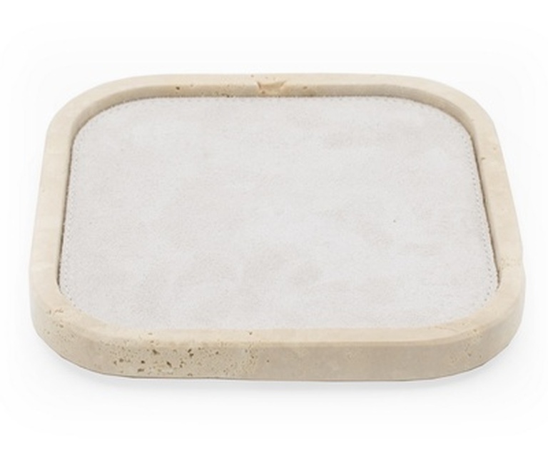 Rectangular Travertine Valet Tray With a White Suede Interior and Rounded Corners - the Silver Peacock Inc