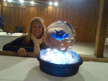 Blue Flower Sphere Ice Sculpture Centerpiece by Festive Ice Sculptures
