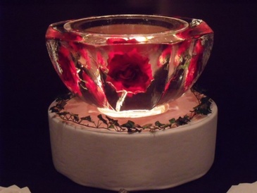 Lighted Ice Sculpture Bowl with Red Roses Carved by Festive Ice Sculptures 