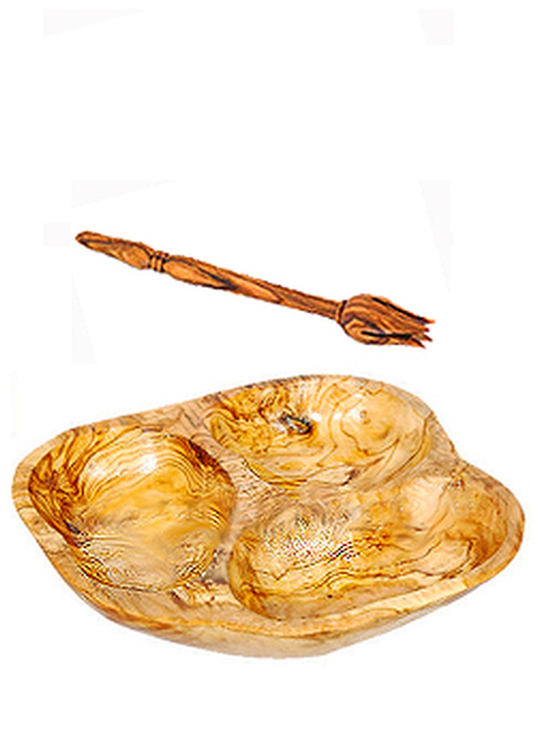 Three Section Olive or Tapas Dish with Fork-Olive Wood