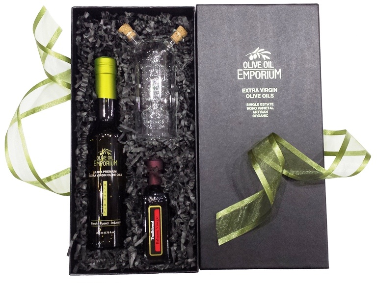 Gourmet Gift Set-Varietal Olive Oil and Balsamic Vinegar with Glass Cruet