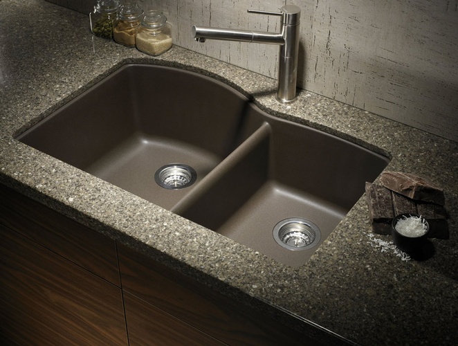 Dual Basin Kitchen Sink on Granite Countertop designed by Old Castle Home Design Center