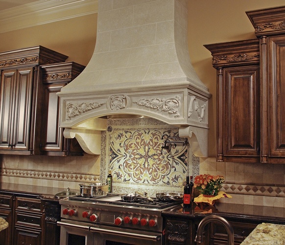 Wall mounted Kitchen Hood Design by Old Castle Home Design Center in Atlanta