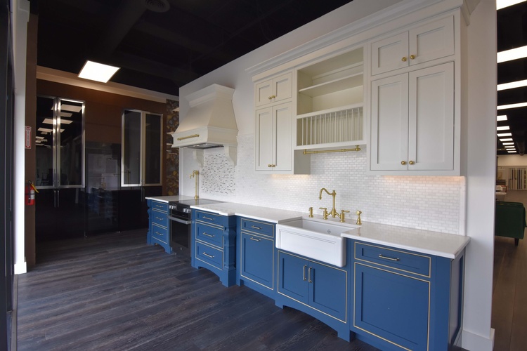 Beautiful White and Blue Kitchen Cabinets Design by Old Castle Home Design Center 
