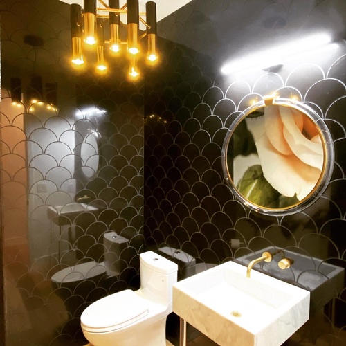 wallpaper_wall_muralswallpaper_in_the_powder_room_in_the_House_of_Lucite._ComplimentDesign.comLighting_hung_by_t
