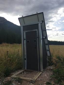 Solar battery charging shed.