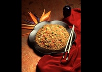 A plate full of Baby corn fried rice - Joe Robbins Food Photography Houston TX