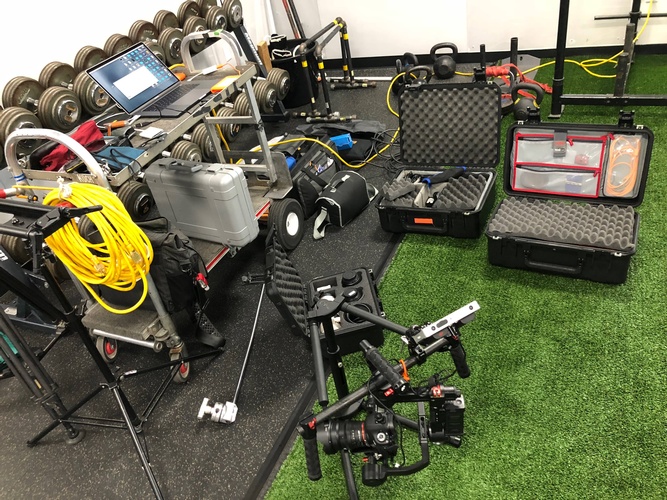 Video Production Equipment laid out on the Gym Floor