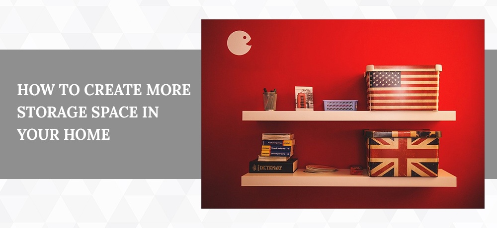 simple shelves with a bunch of knick-knacks placed on them, hang on a red wall.