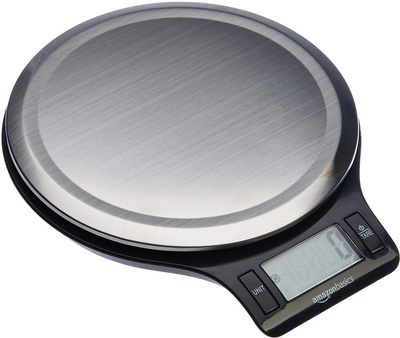 A stainless steel digital kitchen scale