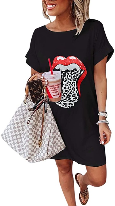 Fuyxxmer Women Red Lip Leopard Tongue Graphic Print T-Shirt