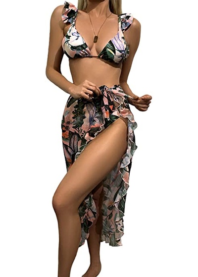 SheIn Women's Sexy Tie Back Ruffle Bikini Two Piece Swimsuit with Sarong Cover Up