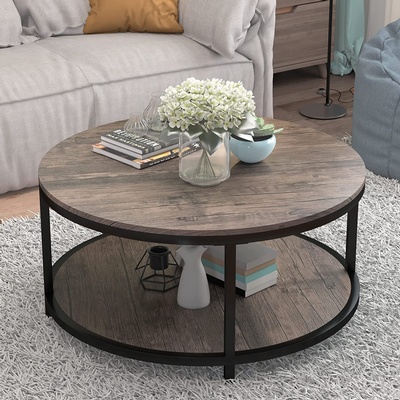 NSdirect 36 inches Round Coffee Table, Rustic Wooden Surface Top & Sturdy Metal Legs