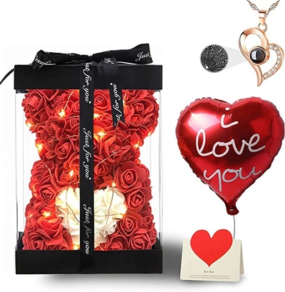 U UQUI Rose Bear Valentines Day Gift for Her,Flower Bear Rose Teddy Bear with Box Lights I Love You