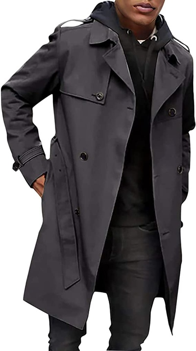 Pretifeel Mens Trench Coat Slim Fit Double Breasted Long Jacket Notched Lapel Belt Fall Windproof Co