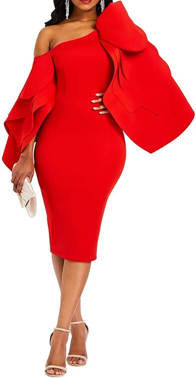 VERWIN Bodycon Dress Knee-Length Ruffle Sleeve Off Shoulder Evening Dress