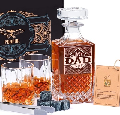 PONPUR Gifts for Men Dad Fathers Day, Whiskey Decanter Set with 2 Glasses, Unique Cool Dad Birthday 