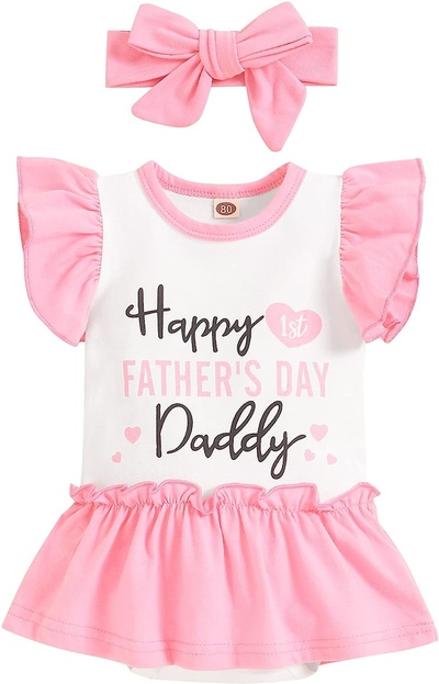Happy First Father’s Day Outfit Baby Girl Ruffle Sleeve Romper Love Shorts with Headband Clothes