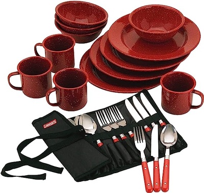 Coleman 24-Piece Enamelware Dish Set and Flatware, Red, Black