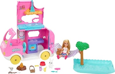Barbie Camper, Chelsea 2-in-1 Playset with Small Doll, 2 Pets & 15 Accessories, Vehicle Transforms