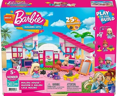 MEGA Barbie Building Toys Playset, Malibu Dream House with 303 Pieces, 2 Micro-Dolls