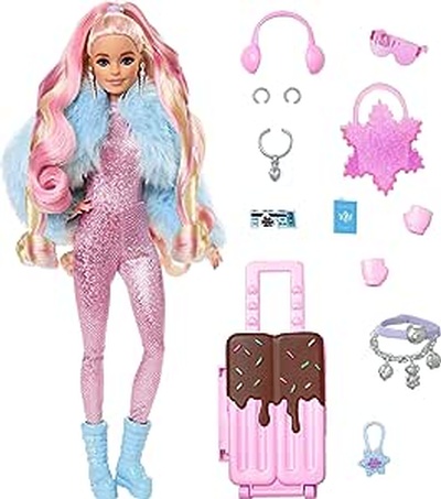 Travel Barbie Doll with Wintery Snow Fashion, Barbie Extra Fly, Sparkly Pink Jumpsuit