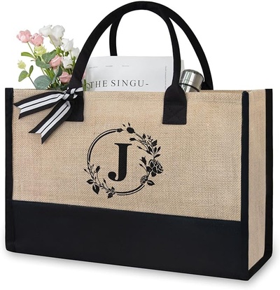 TOPDesign Personalized Initial Jute/Canvas Beach Bag, Monogrammed Gift Tote Bag for Women