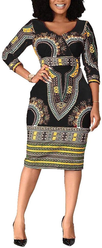 VERWIN Mid-Calf V Neck Three Quarter Sleeve Print Women's Bodycon Dress African Midi Dress