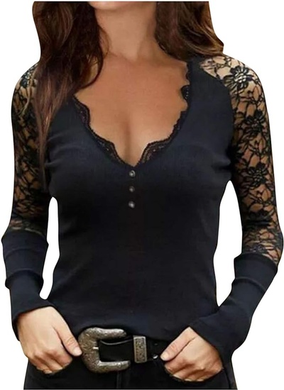Women's Sexy Cold Shoulder Lace Tunic Tops Low Cut V Neck Tees Shirts to Wear with Leggings
