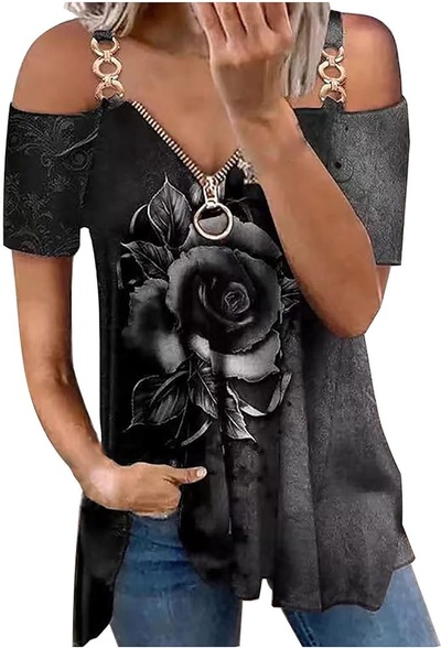 Gothic Floral Printed Tops for Women, Sexy Cold Shoulder Tunic T-Shirts, Punk Music Band Chain Strap