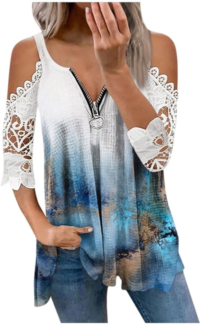 Cold Shoulder Tops Shirt for Women Sexy Zipper V Neck Leopard Print Off-Shoulder Tshirt Lace Half 