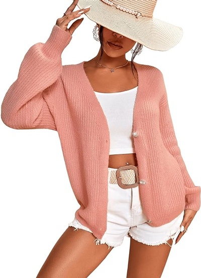 SweatyRocks Women's Long Sleeve Drop Shoulder Button Down Cardigan Sweaters Casual V Neck Solid Knit