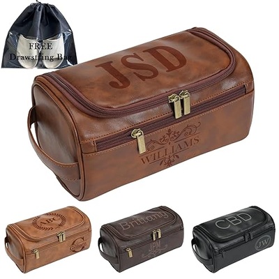 Personalized Leather Toiletry Bag For Men with Hook, Groomsmen Gifts Travel Bag Laser Engraved