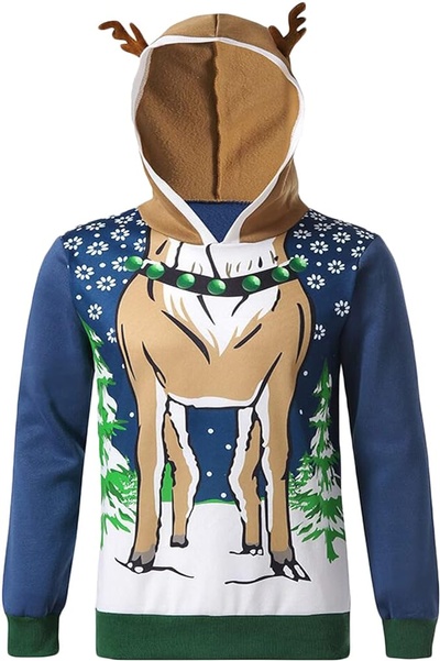 Mens Funny Christmas Hoodie Pullover with Antler 3D Elk Graphic