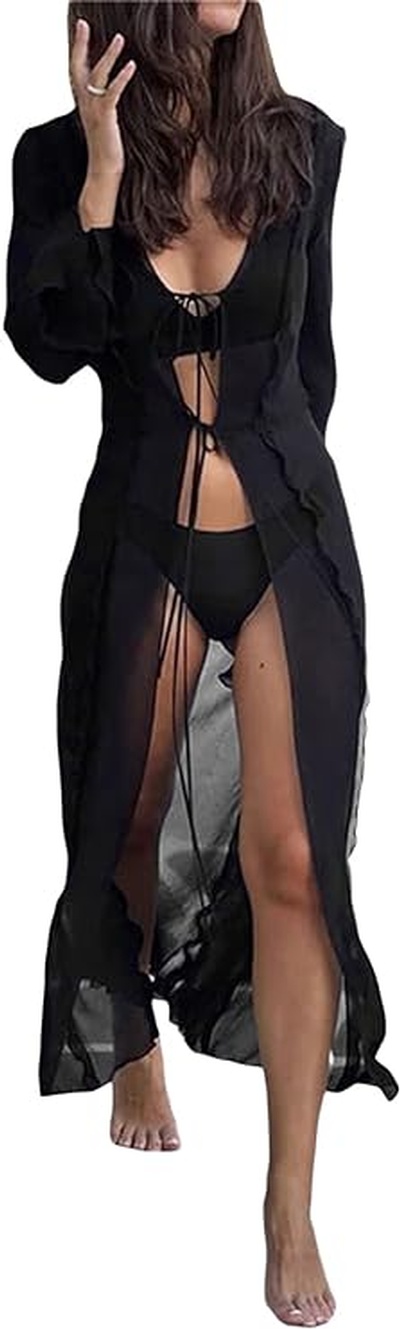 Women Y2k See Through Sheer Mesh Maxi Dress Vintage High Split Bikini Cover Up Dresses
