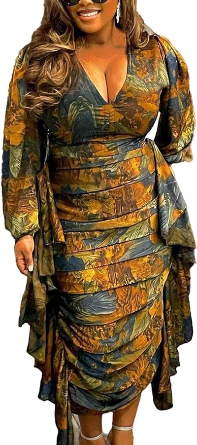 Tbahhir Women's Ruffled Print African Dress Long Sleeve V Neck Ruched Asymmetrical Bodycon Plus Size