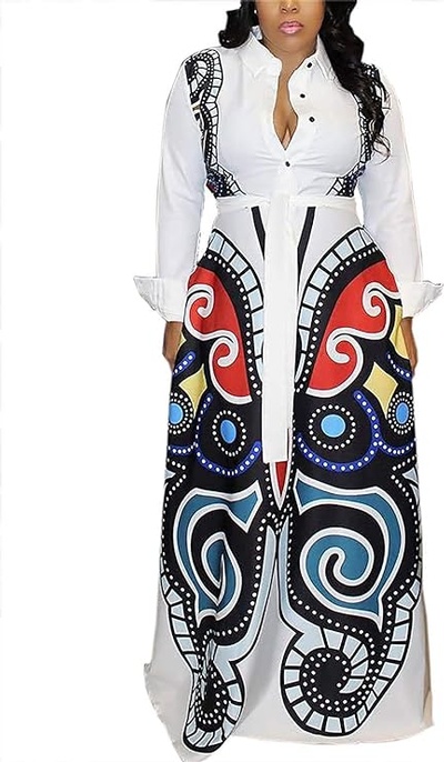 Aro Lora Women's African Print Deep V Neck 3/4 Sleeve High Slit Dashiki Long Maxi Dress