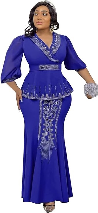 Plawden Mermaid Two Pieces Formal Dress for Wedding Guest Puffy Long Sleeves Beaded V Neck African