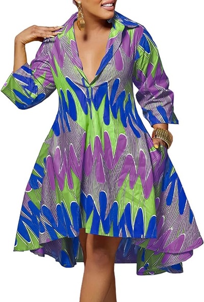 ZCXETP African Print Dresses for Women, V Neck High Waist Floral Print Dashiki Maxi Dress Swing Midi