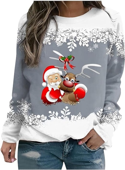 Ausyst Womens Merry Christmas Sweatshirt Funny Christmas Reindeer Santa Claus Graphic Pullover Sweat