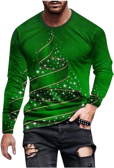 Nzwiluns Mens Long Sleeve Tee Shirt Graphic,Xmas Tree T-Shirts 2023 Winter Holiday Shirt for Unisex 