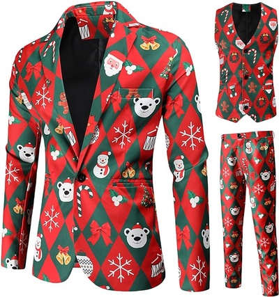 wodceeke Men's 3-Piece Christmas Suit Jacket Ugly Xmas Print Party Blazer One Button Sport Coats 