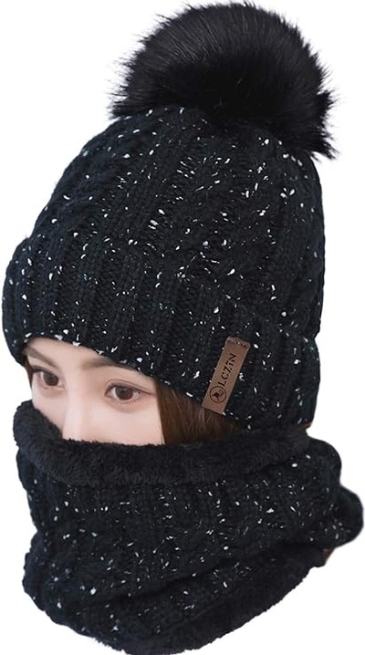 LCZTN Womens Pom Beanie Hat Scarf Set Girls Cute Winter Ski Hat with Fleece Lined