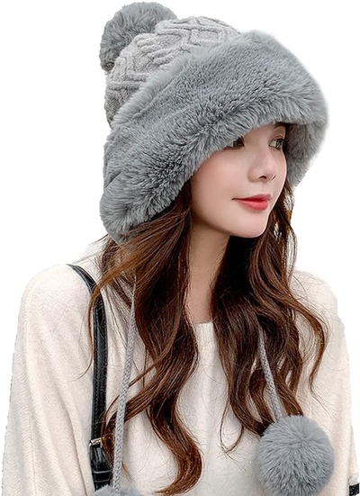 Women’s Winter Knitted Hat Ladies Fleece Lined Faux Fur Hat Women Warm Cozy Ski Snow Cap Pom Pom Hat