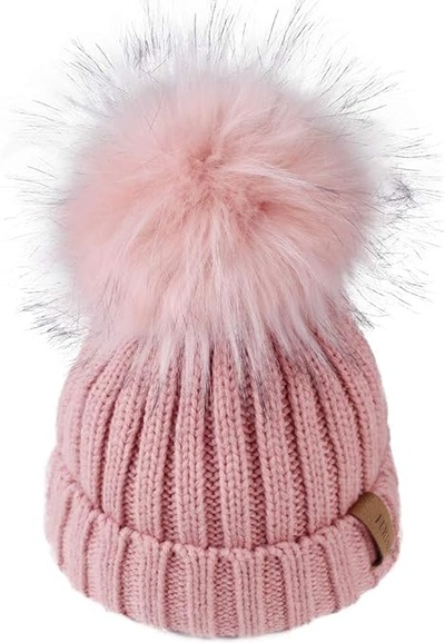 FURTALK Kids Winter Knitted Pom Beanie Bobble Hat Cotton Lined Faux Fur Ball Pom Pom Cap Unisex Kids
