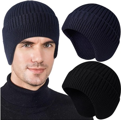 2pcs Winter Beanies with Ear Flaps for Men Women, Warm Knit Earflaps Cap Thick Hats