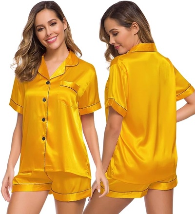 SWOMOG Womens Silk Satin Pajamas Set Short Sleeve Button Down Sleepwear Loungewear 2 Pcs Pj Sets