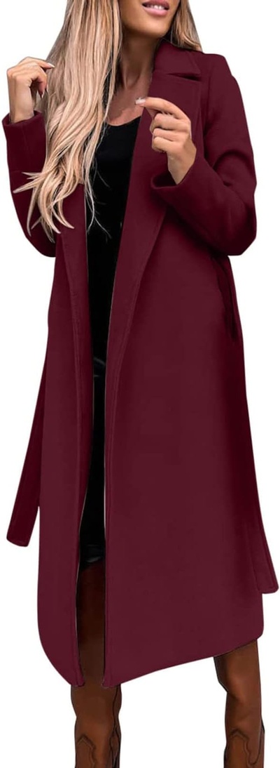 Yihaojia Women's Elegant Lapel Collar Open Front Regular Wool Blend Overcoat Coat with Belt,Winter 